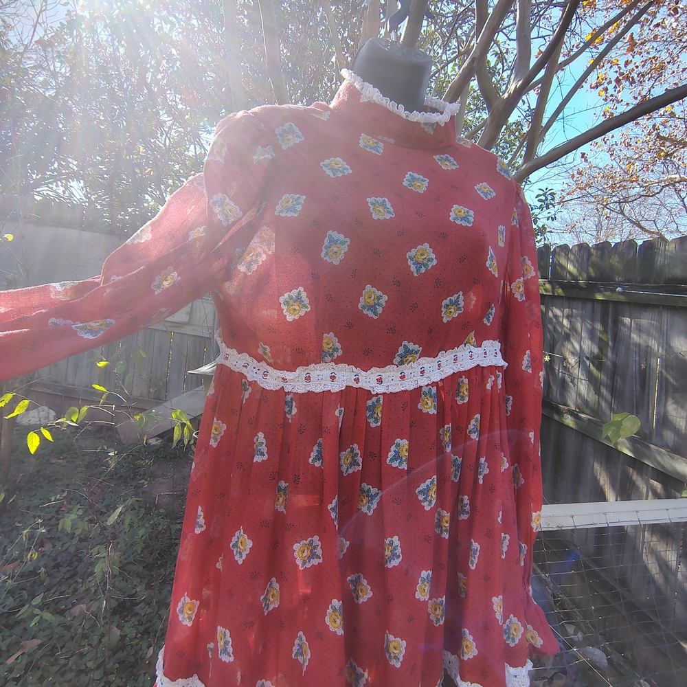Red Floral Long Sleeve Dress with Lace Trim - Picture 3 of 5